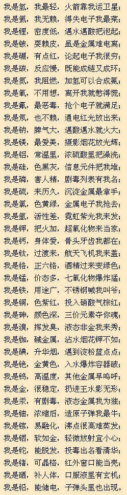 元素周期表顺口溜